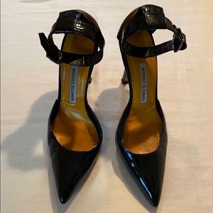 Manolo Blahnik Black Patent Ankle Strap Pumps